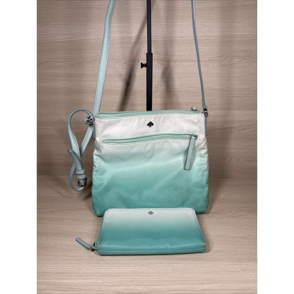 Kate Spade‎ Jae Degrade Ombre Flat Crossbody Teal White Fiji Green & Wallet